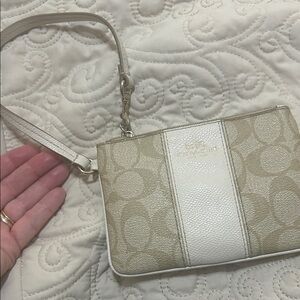 Coach Beige & White Signature Stripe Wristlet